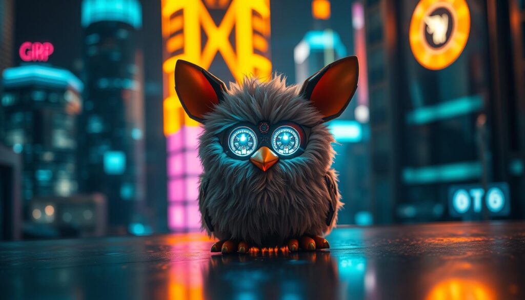 A Furby toy sitting on a metallic surface, illuminated by warm, directional lighting that accentuates its textured fur and intricate mechanical components. The Furby's eyes glow with an intelligent, lifelike expression, conveying a sense of advanced technological sophistication. In the background, a blurred, futuristic cityscape with towering skyscrapers and glowing, neon-lit signage suggests a world of cutting-edge innovation and interconnectivity. The overall scene evokes a sense of wonder and exploration, inviting the viewer to delve deeper into the unique and captivating nature of Furby technology.