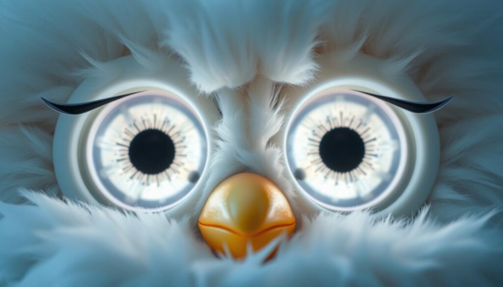 A close-up of a pair of large, luminous white Furby eyes, their circular pupils dilated with an expression of curiosity and wonder. The eyes are set against a soft, plush white fur backdrop, creating a sense of depth and dimension. Soft, diffused lighting from an unseen source gently illuminates the eyes, accentuating their striking features - the prominent brow ridges, the delicate eyelid folds, and the captivating gaze that seems to draw the viewer in. The overall mood is one of enchantment and fascination, perfectly capturing the unique charm and character of the iconic white Furby.