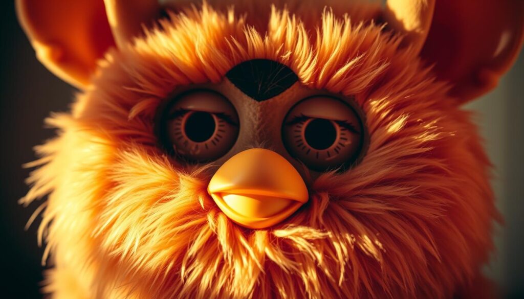 A close-up portrait of the original Furby toy design, featuring its distinctive round, fuzzy body, large expressive eyes, and a flapping, mechanized mouth. The Furby has a warm, amber-toned lighting, casting gentle shadows that accentuate its textured fur and intricate facial features. The image is captured at a slight angle, giving a sense of depth and three-dimensionality to the subject. The background is soft and blurred, keeping the focus entirely on the captivating, nostalgic Furby design from the late 1990s.