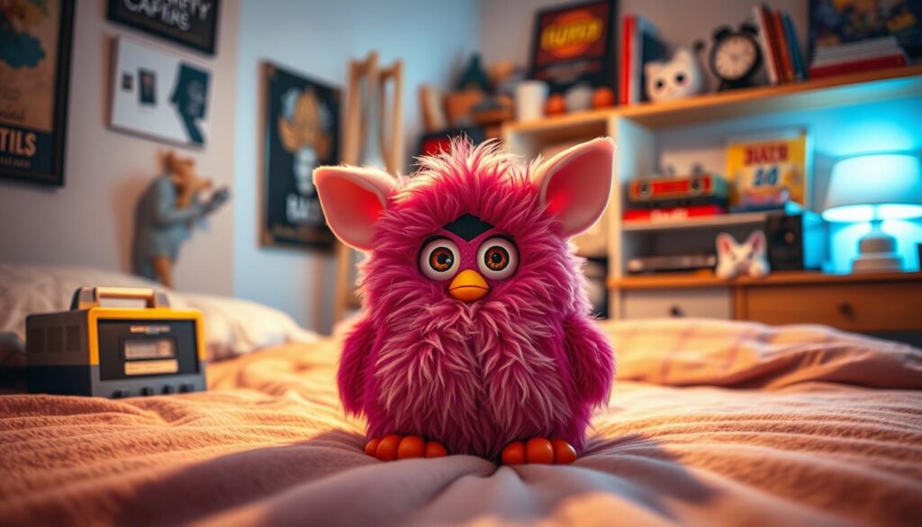 A cozy bedroom setting with a vintage 90s aesthetic. In the foreground, an original Furby sits on a plush bedspread, its large eyes and expressive features coming to life as the owner interacts with it. Soft, diffused lighting casts a warm glow, highlighting the Furby's fluffy, textured fur. The middle ground features a retro clock radio and a stack of cassette tapes, evoking a nostalgic mood. In the background, shelves display a collection of classic toys and memorabilia, creating a sense of the Furby's place in a bygone era of childhood wonder and discovery.