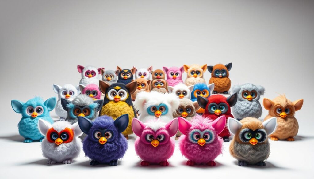 A detailed comparison of iconic Furby models from different generations, showcased in a sleek studio setting. The foreground features the latest Furby designs in various colors, meticulously positioned to highlight their unique features and distinct personalities. The middle ground presents a range of older Furby models, demonstrating the evolution of this beloved toy over the years. Soft, directional lighting casts gentle shadows, accentuating the textures and contours of the Furbies. The background is a minimalist, seamless white backdrop, allowing the models to take center stage and command the viewer's attention. This image captures the diverse Furby lineage, enabling a comprehensive visual reference for the "Model-Specific Instructions for Different Furby Generations" section.
