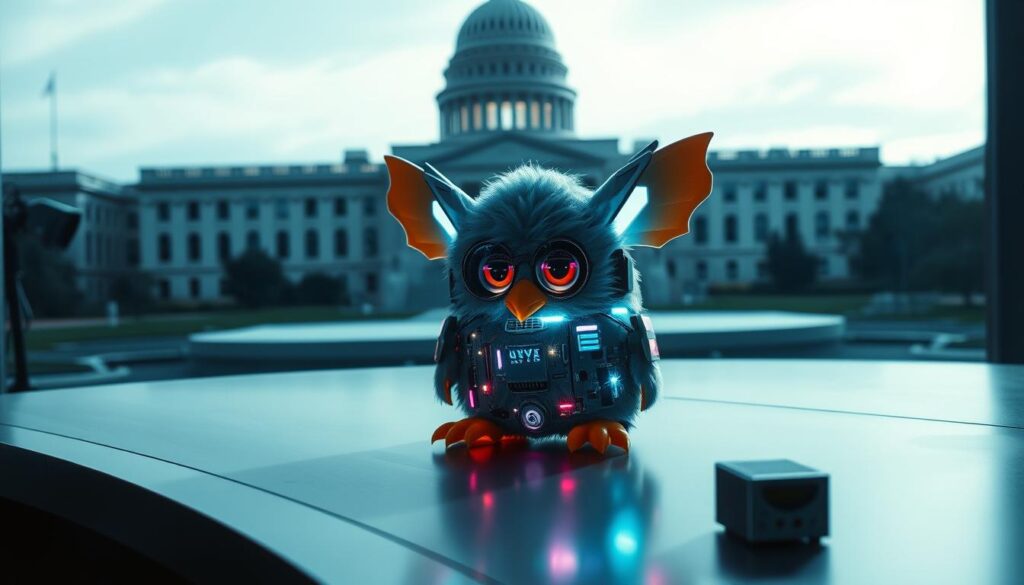 A high-tech, futuristic Furby figure sits on a sleek, metallic desk, its electronic components and circuitry exposed, casting an ominous glow across the dimly lit room. The Furby's beady eyes seem to follow the viewer, its ominous presence suggesting potential security risks. In the background, a looming government building with sharp, angular architecture signifies the source of concern. Cool, blue-tinted lighting and shadows create an atmosphere of unease and heightened surveillance, reflecting the NSA's apprehension towards this seemingly innocent toy.