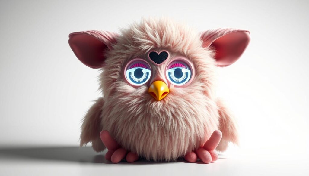 A highly detailed, photorealistic 3D rendering of a 2012 Furby plush toy with LCD-animated eyes. The Furby is placed on a plain white background, illuminated by soft, diffused lighting that accentuates its soft, plush texture and vibrant colors. The Furby's eyes are animated, shifting and blinking in a lifelike manner, creating an uncanny, almost sentient impression. The model is captured from a slightly low perspective, giving a sense of presence and personality. Every intricate detail of the Furby's design is meticulously rendered, from its furred body and articulated limbs to the subtle sheen of its plastic components. The overall mood is one of whimsical wonder, capturing the playful spirit of this iconic 2012 toy revival.