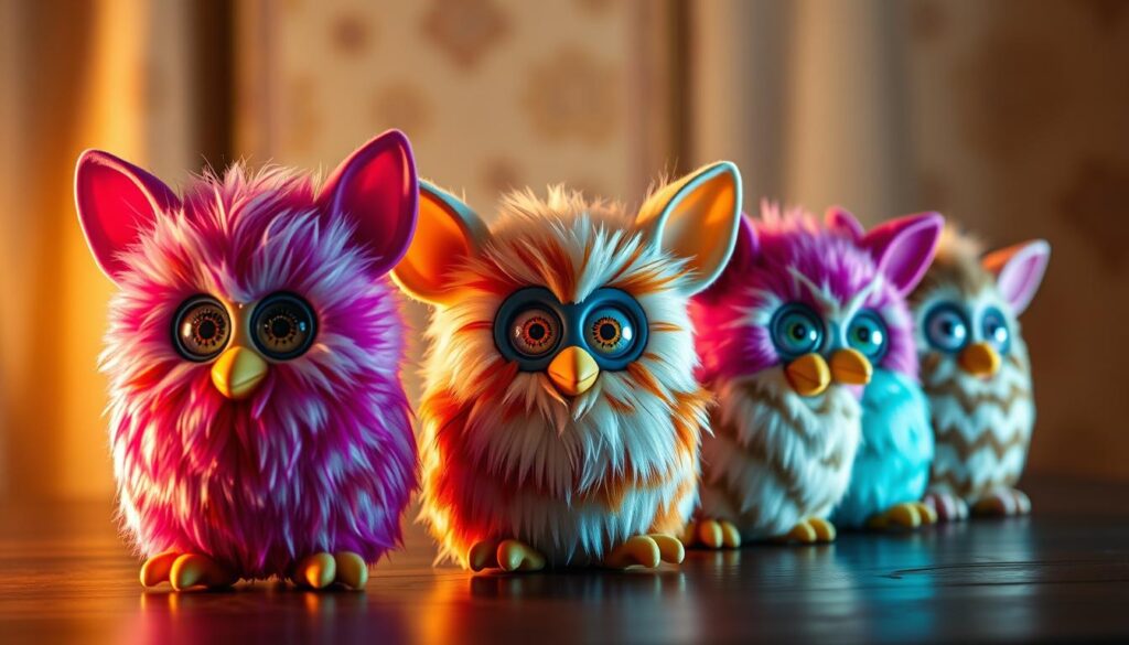 A meticulously crafted lineup of Furby dolls, each one representing a distinct generation, illuminated by a warm, nostalgic lighting. The foreground features the latest Furby model, its vibrant fur and large, expressive eyes capturing the essence of the modern iteration. The middle ground showcases the progression, with older Furby variants arranged in chronological order, their designs evolving from the original bulbous shape to sleeker, more detailed forms. The background sets the scene with a softly blurred, vintage-inspired backdrop, evoking a sense of timelessness and the enduring appeal of this iconic toy. The overall composition conveys the rich history and transformation of the Furby, inviting the viewer to witness the captivating evolution of this beloved character.