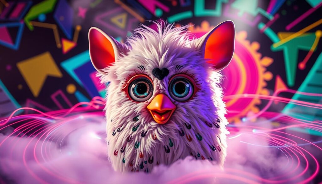 A quirky, whimsical scene of a Furby-inspired creature surrounded by swirling sound waves and audio visualization effects. The creature's large, expressive eyes are the focal point, showcasing a range of comical voice modulations and digital distortions. The background features a vibrant, abstract tapestry of colorful geometric shapes and glowing, pulsating lines, creating an immersive, psychedelic atmosphere. Dramatic studio lighting casts dramatic shadows, adding depth and a sense of stage-like performance to the scene. The overall mood is one of playful experimentation, as the Furby-like being explores the limits of its unique vocal capabilities.