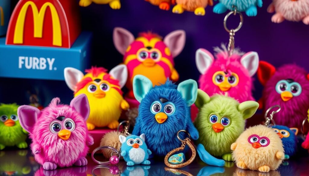A set of McDonald's Happy Meal Furby toys from the late 1990s, including both plastic figures and plush keychains.