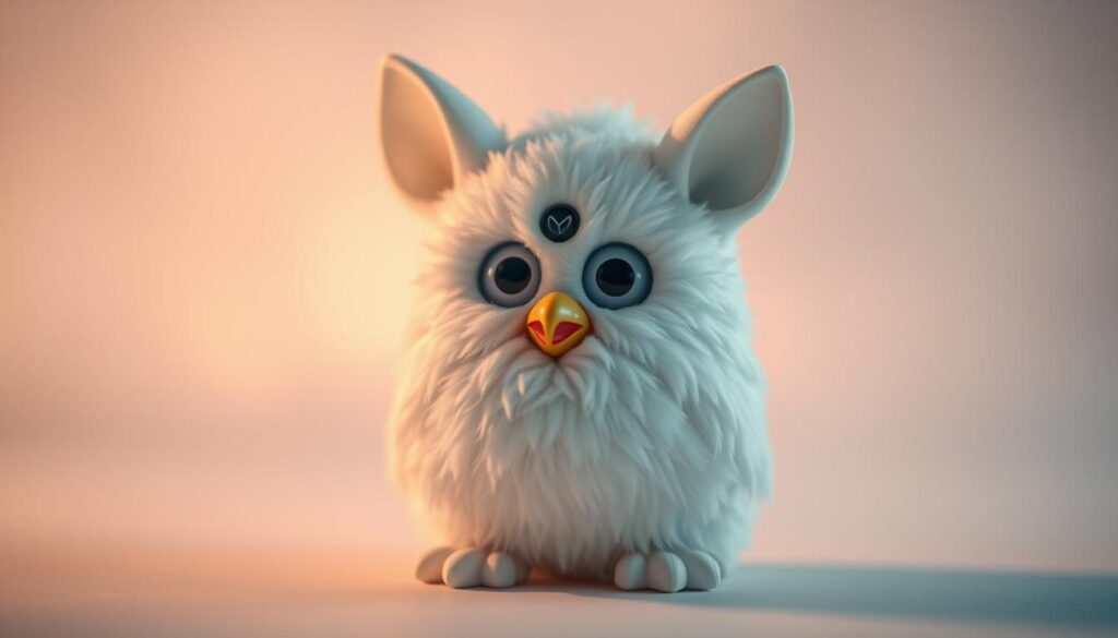 A stunningly detailed white Furby figure, its soft, plush fur illuminated by warm, diffused lighting. The creature sits upright, its oversized eyes and triangular ears capturing a whimsical expression. The foreground is sharply in focus, while the background fades into a hazy, dreamlike realm of muted pastel hues, evoking a sense of tranquility and wonder. The image is captured from a slightly elevated angle, creating an inviting, almost child-like perspective. The overall mood is one of pure delight, capturing the essence of the Furby as an iconic, interactive toy phenomenon.