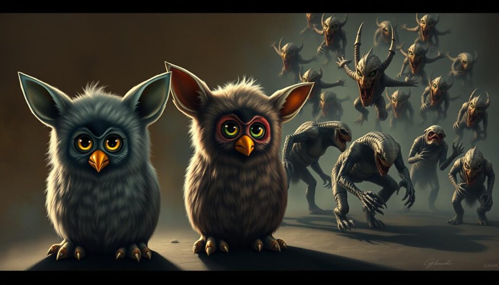 A surreal evolution of the iconic Furby toy, depicted in a series of uncanny metamorphoses. In the foreground, a vintage 1998 Furby model morphs into a more unsettling, angular version, its eyes glowing with an eerie intensity. The middle ground showcases a further devolution, the Furby's features becoming increasingly distorted and alien-like. In the background, a swarm of mutant Furby-like creatures swirl in a hazy, dreamlike atmosphere, suggesting a bizarre and unsettling future for the once-beloved toy. Dramatic lighting casts dramatic shadows, heightening the sense of unease. Painted in a muted, earthy palette to evoke a sense of aged, weathered decay.
