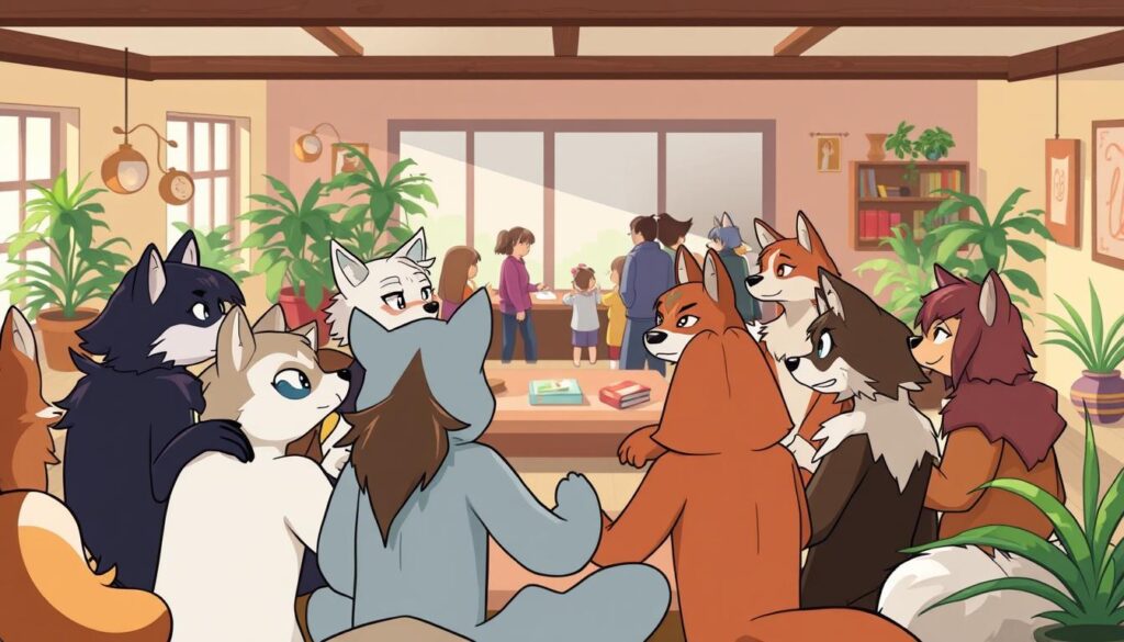 A tight-knit group of anthropomorphic animal characters gather in a warm, inviting community space. The foreground features a circle of friends engaged in lively conversation, their expressive faces and gestures conveying a sense of camaraderie and belonging. In the middle ground, others mingle and interact, creating a vibrant, inclusive atmosphere. The background depicts a cozy interior with comfortable seating, potted plants, and natural lighting that casts a soft, welcoming glow. The overall mood is one of acceptance, community, and a shared sense of identity, reflecting the close-knit relationships within the furry fandom.