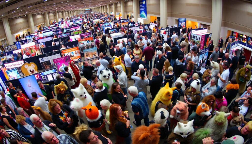 A vibrant scene of a bustling furry convention, captured with a wide-angle lens. In the foreground, a diverse crowd of furry-clad attendees mingle and interact, their colorful costumes and expressive body language creating a lively atmosphere. In the middle ground, exhibition booths and vendor displays showcase the breadth of the furry fandom, from handcrafted merchandise to interactive experiences. The background is filled with a maze of hallways and convention center architecture, conveying the global scale and reach of this thriving community. The image is bathed in a warm, inviting lighting, reflecting the welcoming and inclusive spirit of the gathering.