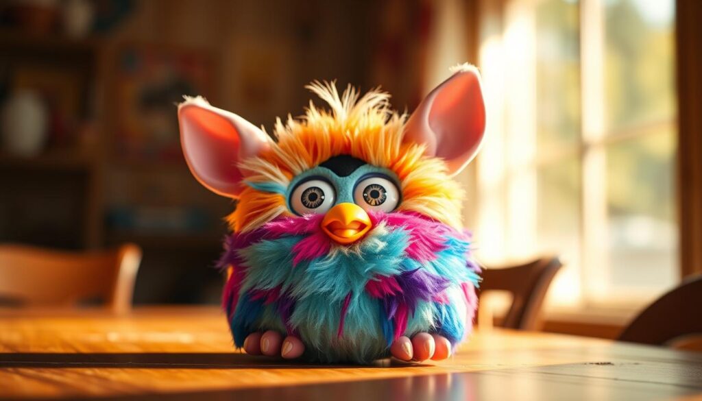 A vintage Furby toy sitting on a wooden table, illuminated by warm, natural sunlight. The plush, rounded body is covered in soft, multicolored fur, with large, expressive eyes and a playful, quirky expression. The Furby's distinctive beak-like mouth is slightly open, as if it is about to speak or giggle. The foreground is in sharp focus, while the background is softly blurred, creating a cozy, intimate atmosphere. The image captures the whimsical charm and nostalgic appeal of this iconic 90s toy, inviting the viewer to remember the Furby craze and its ongoing influence in popular culture.