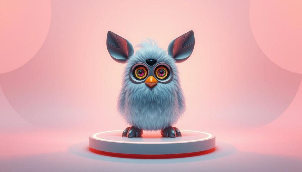 A whimsical, modern interpretation of the iconic Furby creature. In the foreground, a sleek, futuristic Furby with an updated design featuring metallic accents, programmable LED eyes, and a touchscreen interface. In the middle ground, the Furby stands on a minimalist, floating platform, bathed in warm, directional lighting that enhances its high-tech aesthetic. The background is a serene, pastel-toned environment with abstract, geometric shapes, creating a sense of technological wonder and nostalgia. The overall composition conveys the evolution of the beloved Furby toy, blending its classic charm with cutting-edge, contemporary design.
