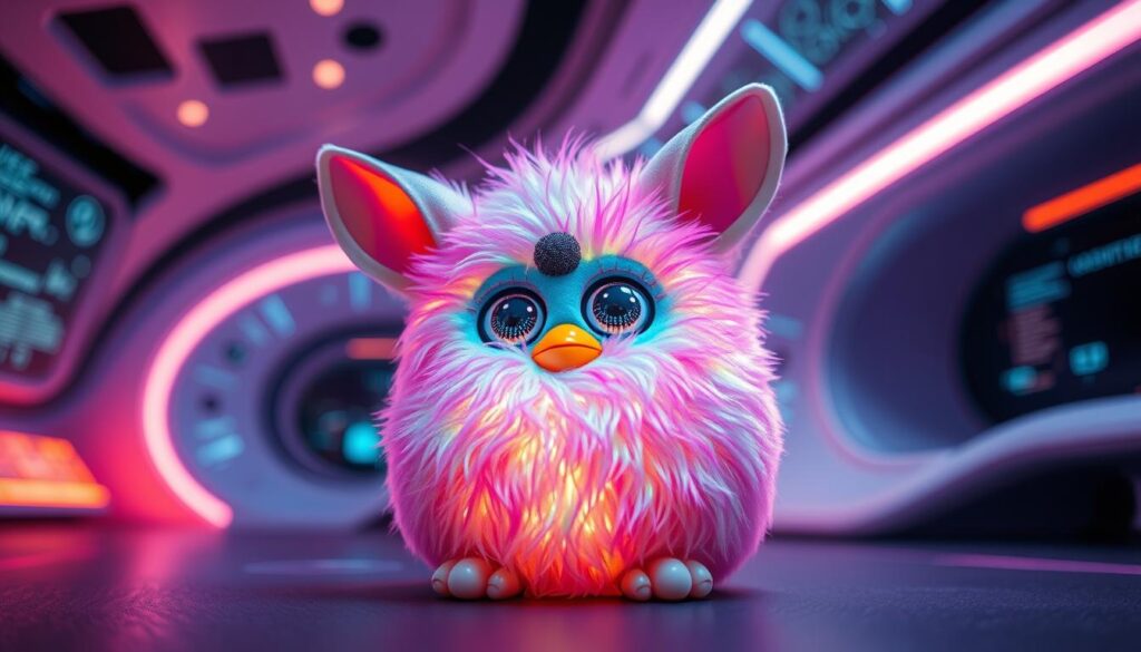 A whimsical, modernized Furby with vibrant, iridescent fur that shimmers in the light. The plush, rounded body sits in the foreground, surrounded by a futuristic, tech-inspired environment. Sleek, curved surfaces and holographic displays create an immersive, high-tech atmosphere. Soft, diffused lighting casts a warm, inviting glow, highlighting the Furby's expressive eyes and quirky, endearing details. The overall scene conveys a sense of wonder and innovation, capturing the evolution of this beloved, iconic toy.