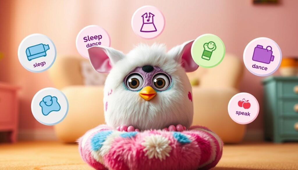 A whimsical scene of a Furby surrounded by five main command icons floating in the air. The Furby sits atop a plush, colorful cushion, its large eyes and inquisitive expression conveying its eagerness to learn. The five command icons, rendered in a playful, cartoon-like style, hover around the Furby, each representing a different function: "sleep", "sing", "dance", "eat", and "speak". The background is a warm, pastel-toned room, with soft lighting casting a gentle glow on the scene. The overall atmosphere is one of playfulness, interactivity, and the unlocking of the Furby's full potential.