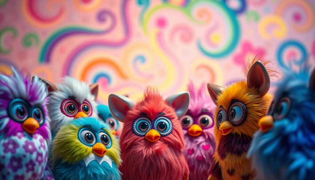A whimsical scene of the enigmatic Furby language. In the foreground, a cluster of Furbies in various colors and patterns, their large eyes and expressive faces filled with animated curiosity, as they appear to converse in a vibrant, playful Furbish dialect. The middle ground features a backdrop of swirling, colorful patterns, reminiscent of the Furby's unique visual language. Soft, diffused lighting casts a warm, inviting glow, creating an enchanting and imaginative atmosphere. The image captures the captivating essence of the Furby's language, hinting at the hidden depths and complexities of this endearing creature's means of communication.