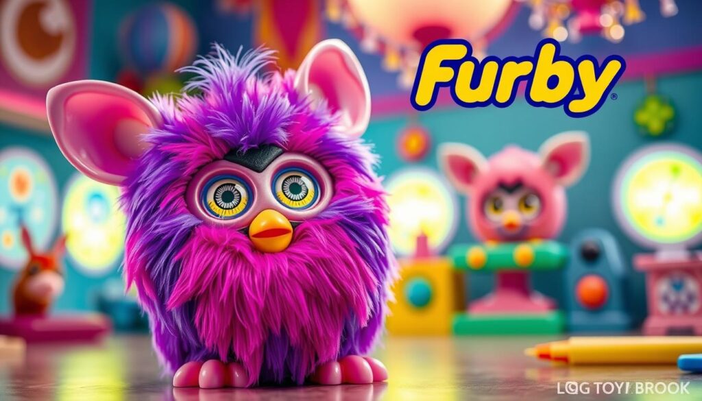 An image of a Furby toy with interactive features highlighted.