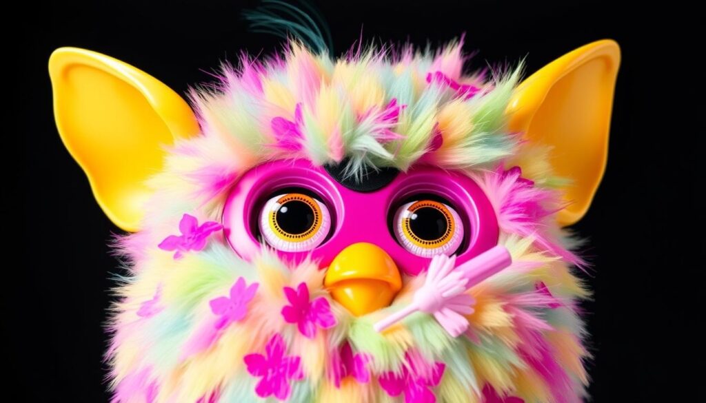 Generate an image of a Furby Boom toy from the 2012-2013 series, showcasing its colorful design and interactive features.