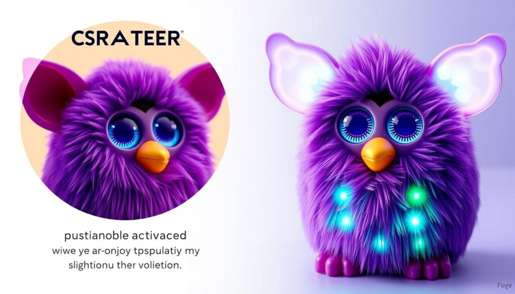 Generate an image of the 2023 Purple Interactive Furby, showcasing its glowing ears and voice activation technology.